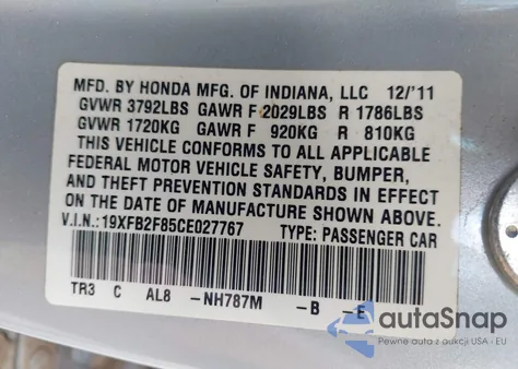 2012 Honda Civic Ex из США, поврежденный, VIN 19XFB2F85CE027767